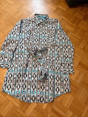 Panhandle Southwestern Print Tunic Shirt — Teal, Black & Brown